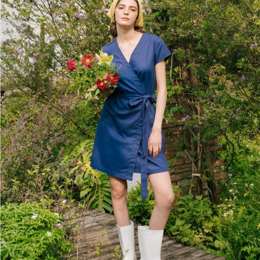 Blue Flutter Sleeve V-Neck Wrap Dress